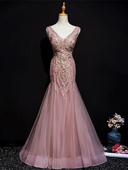 Picture of Pink Mermaid Tulle Long Evening Dresses with Lace, V-neckline Floor Length Formal Dresses